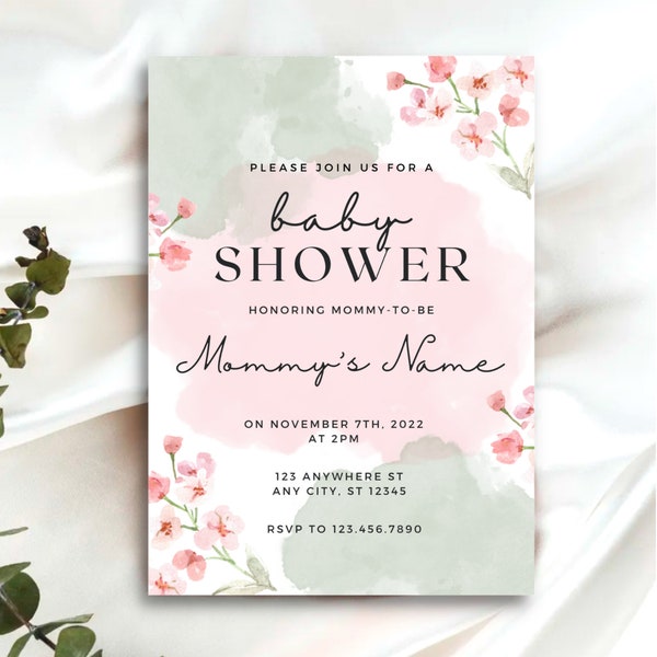 CUSTOMIZABLE Pink Floral Baby Shower Invitation Template, Baby Girl Baby Shower Invite, Pink and Green Floral Watercolor, Digital Download