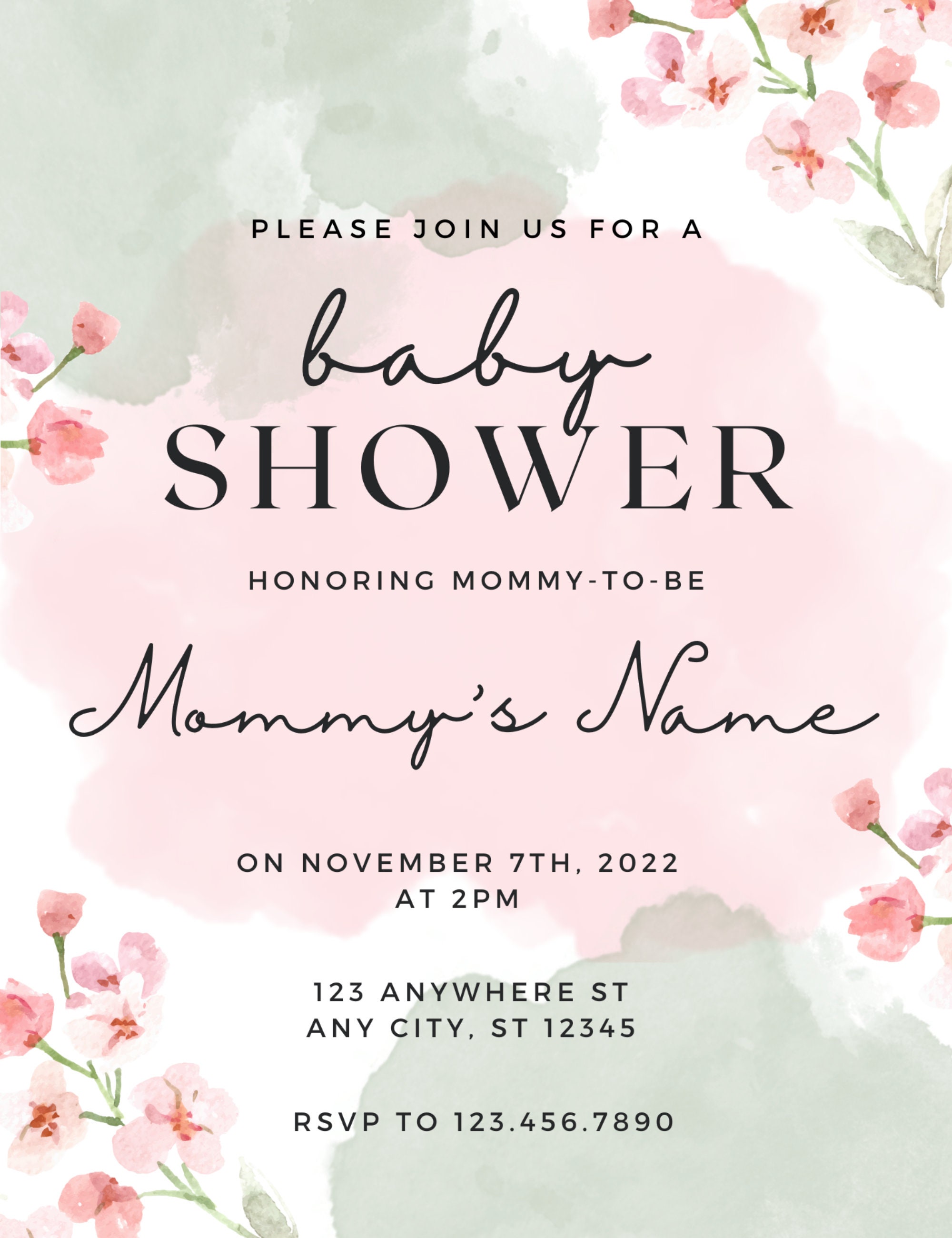 CUSTOMIZABLE Pink Watercolor Floral Baby Shower Invitation Template ...