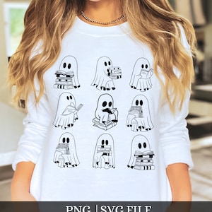 Ghost Reading Books Svg, Reading Ghost Svg, Book Lover Svg, Librarian Png, Teacher Png, Retro Halloween Png, Cute Ghost Png, Book Lover Svg