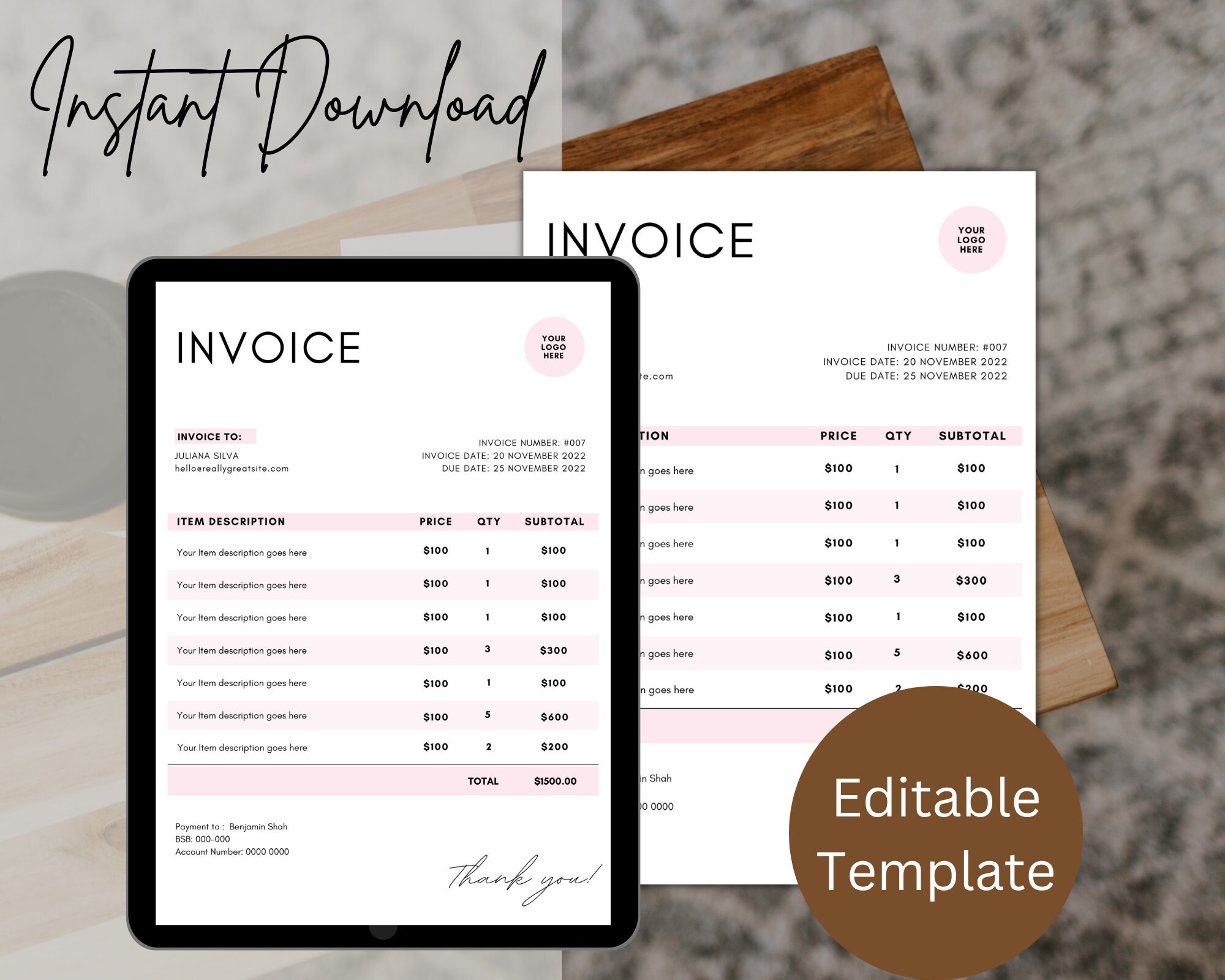 Editable Receipt Template, Printable Billing Template, Order Form ...