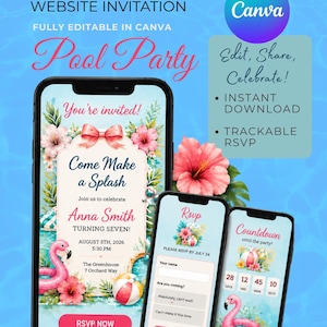 May include: A digital website invitation template for a pool party featuring three smartphone screens displaying floral graphics, a pink flamingo float, a beach ball, and text including "Come Make a Splash," "Anna Smith," and "RSVP NOW."