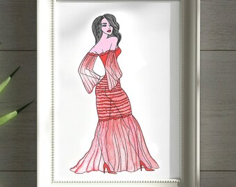 Maxi red dress design | Fashion illustration | design print | Sketch