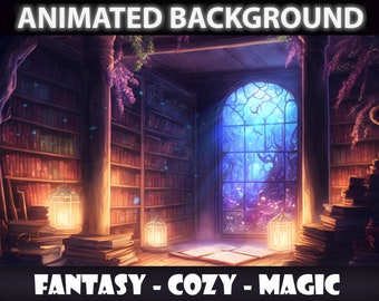 Puede incluir: Un ambiente de biblioteca mágico con estanterías llenas de libros, una gran ventana con vista a un bosque y linternas brillantes. La escena está iluminada con una luz cálida y acogedora. El texto "FANTASY - COZY - MAGIC" está en la parte inferior de la imagen.