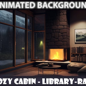 Luxury Mountain Cabin | ANIMATED VIRTUAL BACKGROUND | Vtuber Twitch Streamer | Youtube Zoom loop Background | Cozy Rainy Lofi | Library