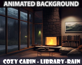 May include: A cozy cabin living room with a fireplace, a bookshelf, a couch, and a large window with rain falling outside. The text "COZY CABIN - LIBRARY - RAIN" is at the bottom of the image.