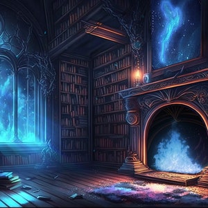 K&ouml;nnte beinhalten: Eine dunkle, verzierte Bibliothek mit einem gro&szlig;en Fenster, das auf einen sternenklaren Nachthimmel blickt. Der Raum ist gef&uuml;llt mit B&uuml;cherregalen und einem Kamin mit blauen Flammen.