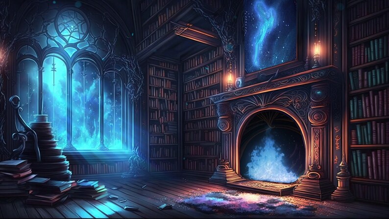 K&ouml;nnte beinhalten: Eine dunkle, verzierte Bibliothek mit einem gro&szlig;en Fenster, das auf einen sternenklaren Nachthimmel blickt. Der Raum ist gef&uuml;llt mit B&uuml;cherregalen und einem Kamin mit blauen Flammen.