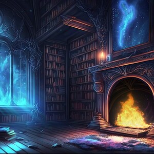 K&ouml;nnte beinhalten: Eine dunkle, holzget&auml;felte Bibliothek mit einem gro&szlig;en Fenster, das einen Blick auf eine sternenklare Nacht bietet. Ein Kamin mit einem knisternden Feuer befindet sich in der Mitte des Raumes, und B&uuml;cherregale s&auml;umen die W&auml;nde.
