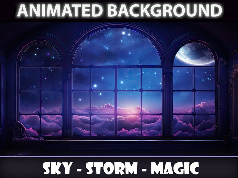 Op de afbeelding: Een raam met een gebogen bovenkant, ingelijst in donker hout, kijkt uit op een nachtelijke hemel met sterren en een halve maan. De hemel is diepblauw met paarse wolken. De tekst "SKY - STORM - MAGIC" staat onderaan de afbeelding.