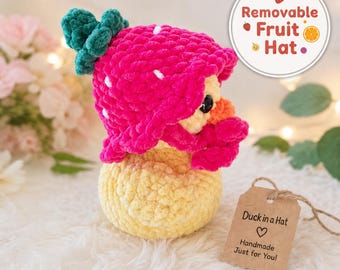 Crocheted Duck Plush: Handmade Amigurumi with Removable Fruit Hat