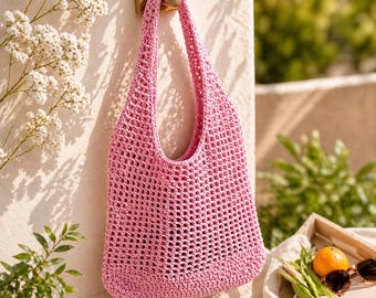 Handmade Crochet Mesh Bag Pink | Boho Market Tote | Lightweight Summer Shoulder Bag | Eco Friendly Reusable Grocery Bag | Beach Tote