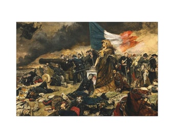 Puede incluir: Una pintura que representa una escena dramática de una batalla. Una mujer con un vestido largo se mantiene de pie, sosteniendo una bandera francesa, mientras que los soldados y las figuras caídas la rodean. La escena está pintada en un estilo realista con un enfoque en el detalle y la emoción.