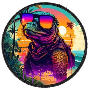 May include: A colorful illustration of a lizard wearing sunglasses and a backpack, set against a sunset backdrop with palm trees and a beach. The lizard has a vibrant purple and pink color scheme, with a textured shell.