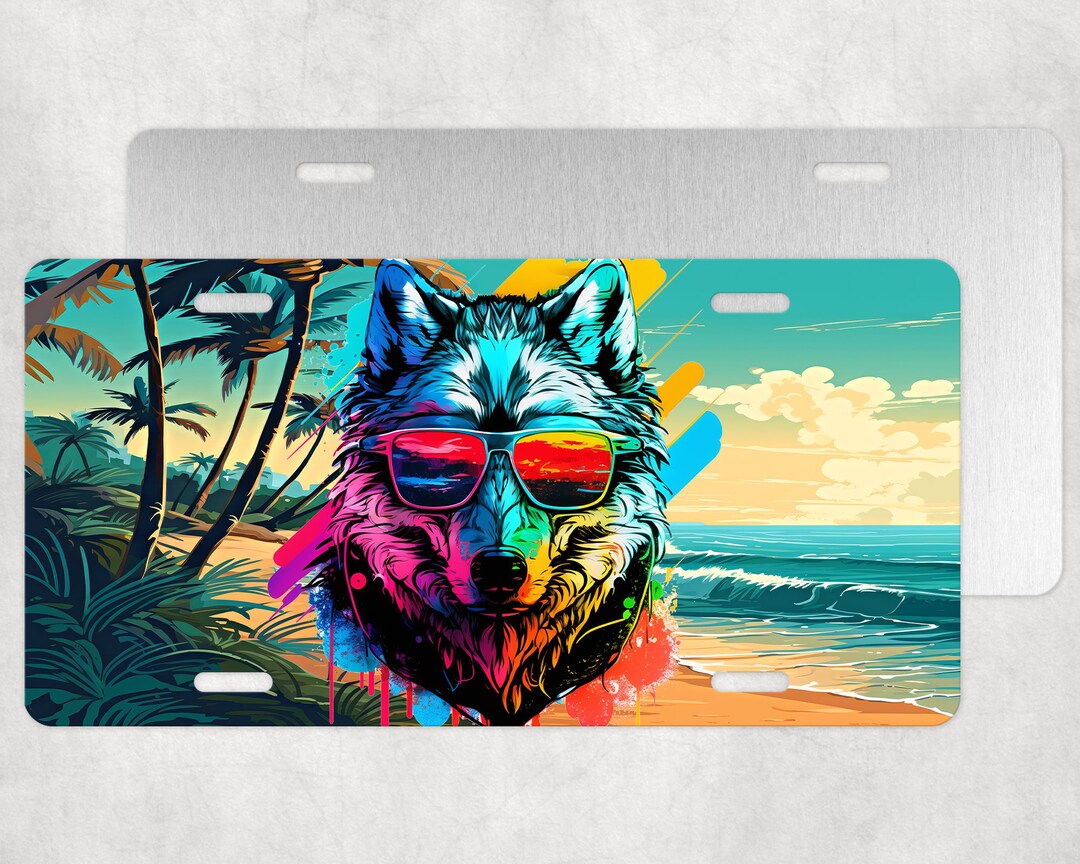 Wolf With Sunglasses License Plate, Wolf and Beach,colorful Wolf