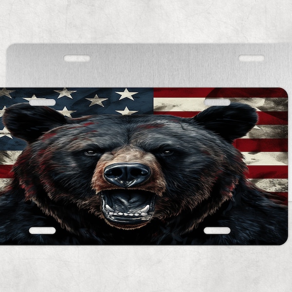 USA Flag And Black Bear License Plate,Black Bear,USA Flag License Plate,Black Bear License Plate,Car Accessories,Animal License Plate