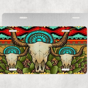 Bull Skulls Gemstones and Cactus License Plate,Bull Skull Gemstone Cowhide,Bull Skull License Plate,License Plate,Car Accessories