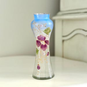 Antique Hand Painted Glass Vase – Blue Satin Frosted Rim, Purple Floral Bohemian Bud Vase
