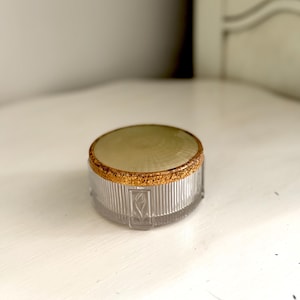Art Deco Ribbed Depression Glass Vanity Jar | Tulip Footed Powder Jar w/ Embossed Metal Lid | Vintage Trinket Jewelry Box