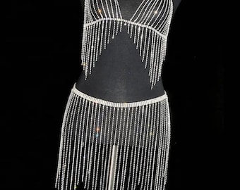 Rhinestone Rave Body Chain: Harness Bra and Skirt Accessories. Bikini and Performance Accessory. Pole dance Outfit Glitter