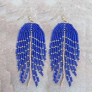 Handmade Long Hanging Feather Beaded Earrings Blue, Gold Seed Bead Jewelry