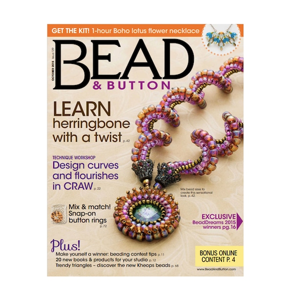Bead & Button Magazine 2015 October Issue 129 Beading Seed Bead Wire Metal Jewelry Making Patterns PDF Download