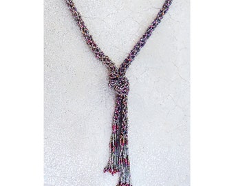 Handmade Beaded Lariat Rope Necklace Multicolor Pink Purple Silver Green Blue Seed Bead Knotted Fringe Tassel Jewelry