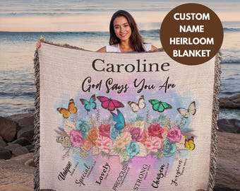 Personalized Monarch Butterfly Blanket, God Says You Are Woven Blanket, Wildflowers Blanket, Floral Blanket, Boho Floral Blanket Botanical