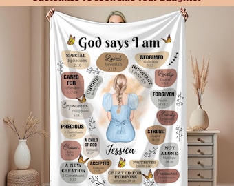 Personalized God Says I Am Blanket, Custom Name Confirmation Gift for Teen Girl, Sentimental Bible Verse Keepsake for Goddaughter Birthday