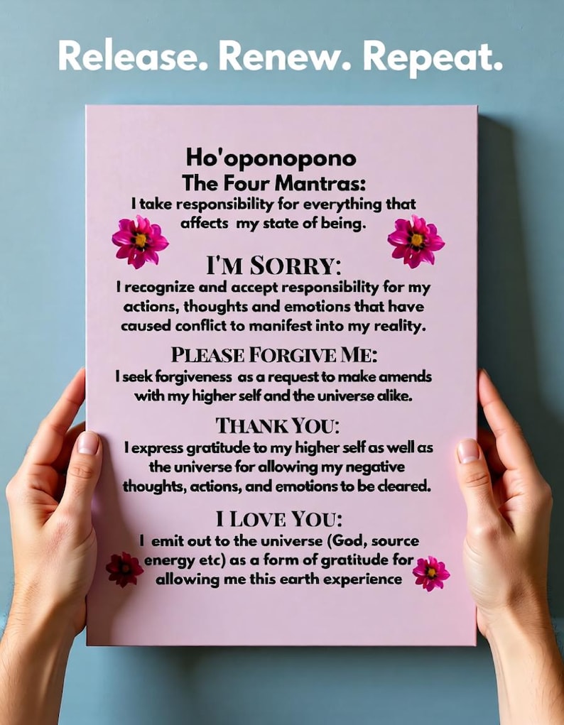 ho'oponopono affirmation wall art hawaiian self love gift mindfulness inspiration self care gift motivation — linen‑wrapped canvas with raised typographic letters spelling the Ho'oponopono prayer, accented by hand‑painted gold leaf waves to bring warmth and sacred intent to any living space.