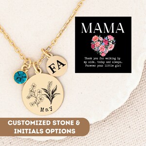 Personalized Birthflower Necklace For Mom, Birth Flower Necklace With Birthstone, Birthflower Bouquet Initial Necklace, Birth Month Flower
