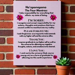 hawaiian ho'oponopono prayer framed print self love gift mindfulness motivation self care wall art inspiration — vintage‑style poster print with botanical borders of plumeria and palm fronds around the prayer text, printed on textured paper and supplied with a floating frame for instant gifting.