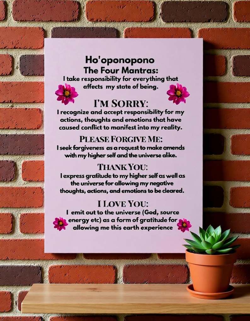 hawaiian ho'oponopono prayer framed print self love gift mindfulness motivation self care wall art inspiration — vintage‑style poster print with botanical borders of plumeria and palm fronds around the prayer text, printed on textured paper and supplied with a floating frame for instant gifting.