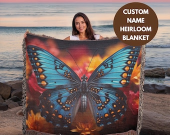 Butterfly Throw Woven Blanket Butterfly Lover Gift Blue Cotton Decorative Textile Floral Gold Accent Bedroom Piece Bohemian Couch Cover