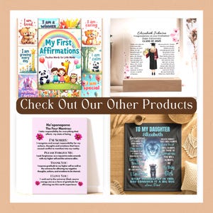 May include: A collection of inspirational products, including affirmation posters, a graduation gift, a Ho'oponopono mantra print, and a personalized blanket. The image features text such as "My First Affirmations" and "To My Daughter".