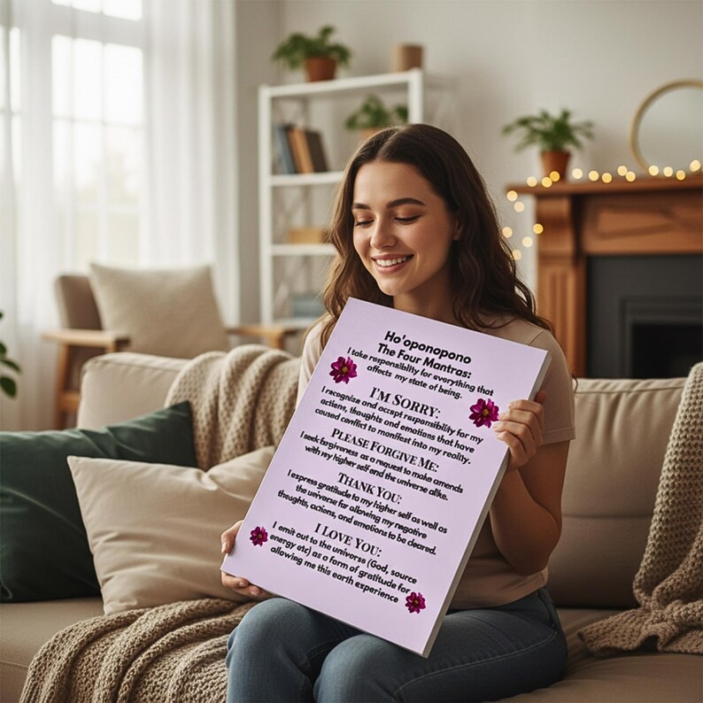 Op de afbeelding: Een vrouw houdt een canvas print vast met de tekst "Ho'oponopono: The Four Mantras". De print heeft een lichtpaarse achtergrond met zwarte tekst en bloemaccenten. De vrouw glimlacht, zittend op een bank in een goed verlichte kamer.