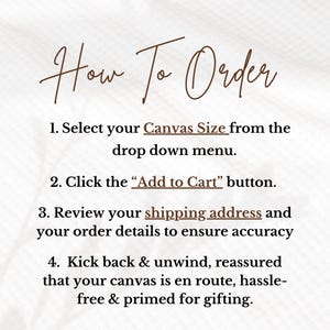 Op de afbeelding: Afbeelding met de handgeschreven tekst "How To Order". Instructies omvatten het selecteren van de canvasmaat, het klikken op "Add to Cart", het controleren van het verzendadres en het ontspannen terwijl het canvas wordt voorbereid om cadeau te doen.