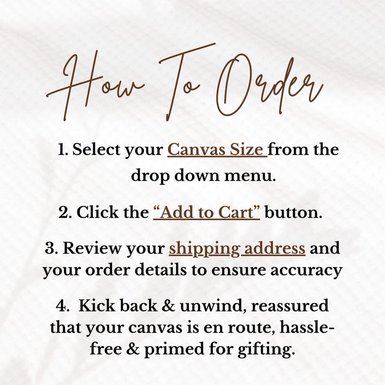 Op de afbeelding: Afbeelding met de handgeschreven tekst "How To Order". Instructies omvatten het selecteren van de canvasmaat, het klikken op "Add to Cart", het controleren van het verzendadres en het ontspannen terwijl het canvas wordt voorbereid om cadeau te doen.