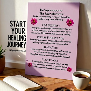 ho'oponopono prayer moonlight poster hawaiian self love gift mindfulness inspiration self care art motivation — large poster depicting the prayer illuminated by a soft moon over a coastal Hawaiian cliff, printed on heavyweight matte paper to create a contemplative atmosphere in bedrooms and studios