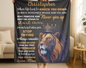 Personalized Lion Blanket for Son, Name Gift from Mom or Dad, Custom Encouragement Keepsake, Meaningful Throw for Birthday Graduation Gift