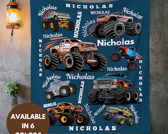 Customized Monster Trucks Fleece Blanket: Boy's Name Gift