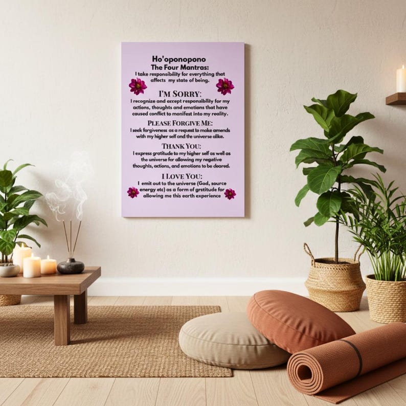 Op de afbeelding: Een ingelijste canvas print met de tekst "Ho'oponopono The Four Mantras" in zwarte letters op een lichtpaarse achtergrond, met bloemaccenten. De print wordt getoond in een kamer met planten en meditatie-accessoires.