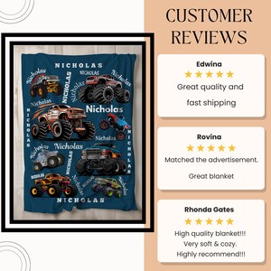 May include: A navy blue blanket featuring colorful monster truck illustrations and the name "Nicholas" in multiple locations. The design includes various truck styles and sizes, creating a playful and dynamic pattern.