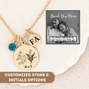 Personalized Birthflower Necklace For Mom, Birth Flower Necklace, Birthflower Charm Gold, Birth Flower Pendant Necklace, Initial Necklace
