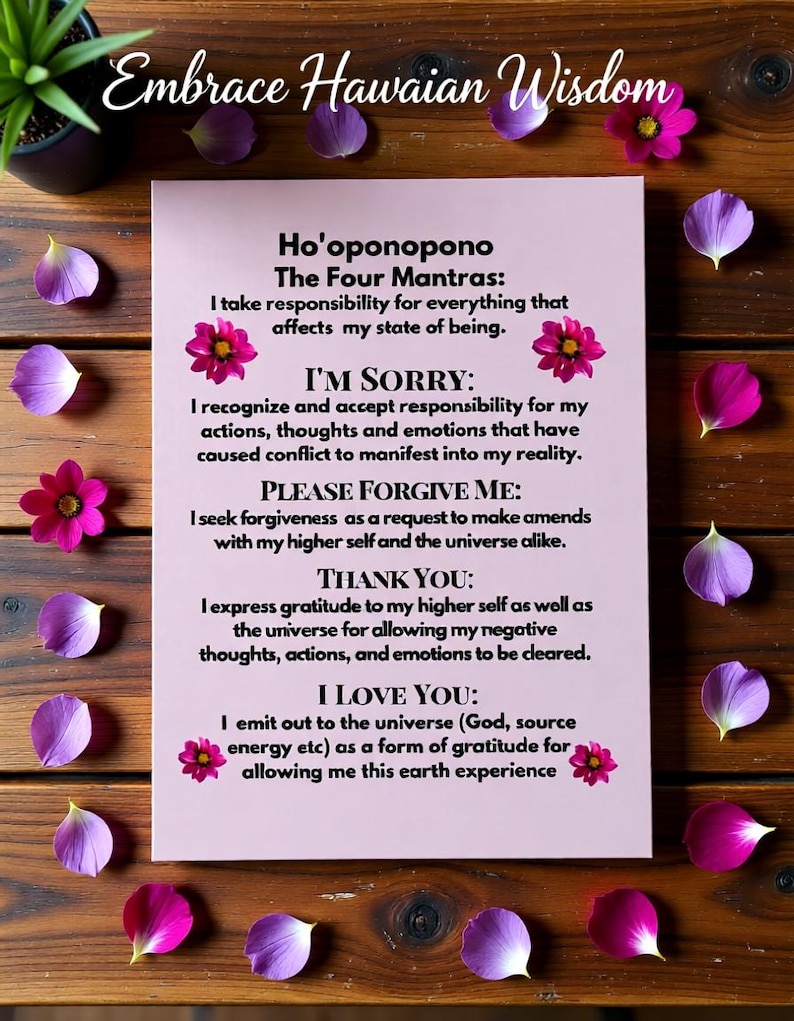 ho'oponopono prayer engraved wood wall art hawaiian self care gift self love mindfulness motivation gift — solid koa wood plaque hand‑engraved with the four Ho'oponopono lines and a small carved ʻokina symbol, finished with natural oil to highlight grain and island heritage.