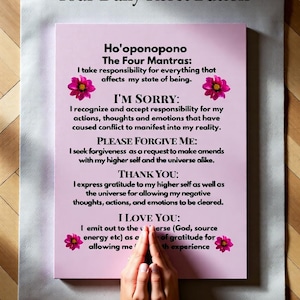 ho'oponopono prayer acrylic block desk art hawaiian self love gift mindfulness inspiration motivation self care accessory — freestanding clear acrylic block with suspended white typography and a backplate printed with a Hawaiian seaside photograph, sized for desks to prompt mindful pauses during workdays.