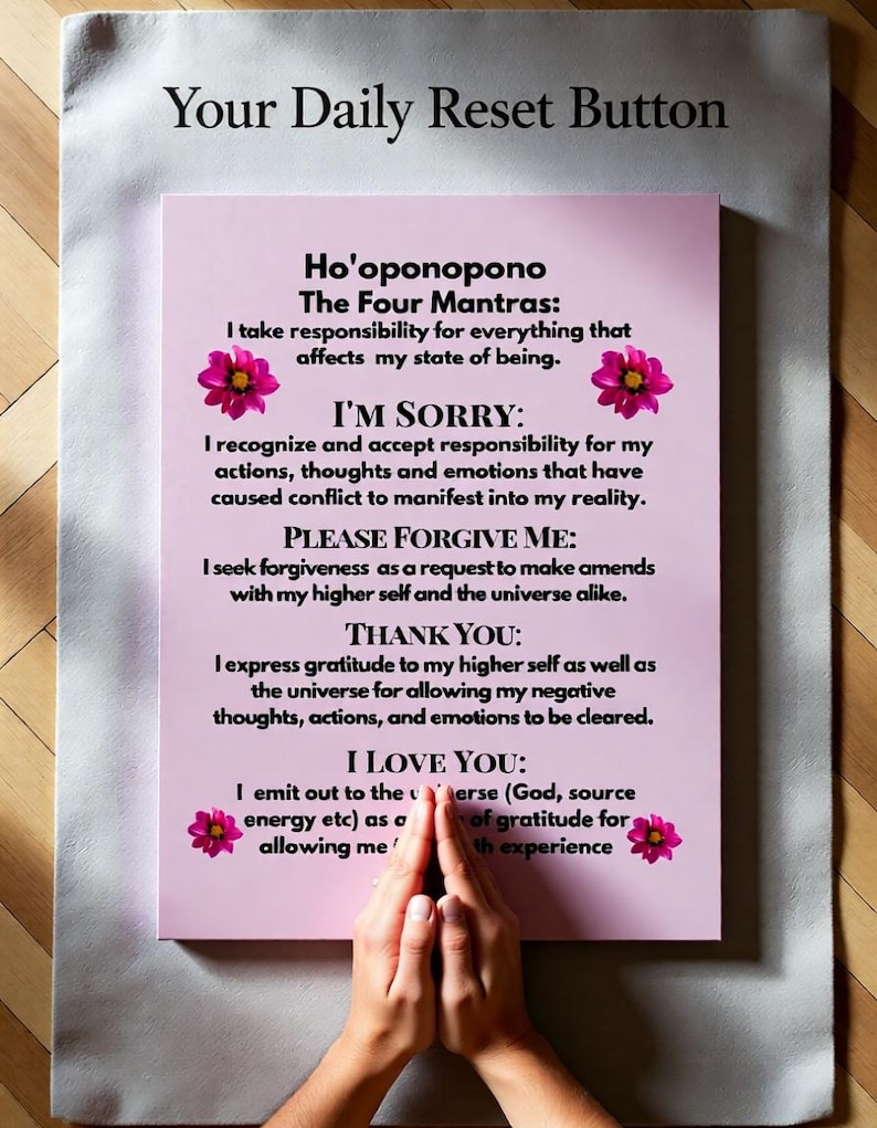 ho'oponopono prayer acrylic block desk art hawaiian self love gift mindfulness inspiration motivation self care accessory — freestanding clear acrylic block with suspended white typography and a backplate printed with a Hawaiian seaside photograph, sized for desks to prompt mindful pauses during workdays.