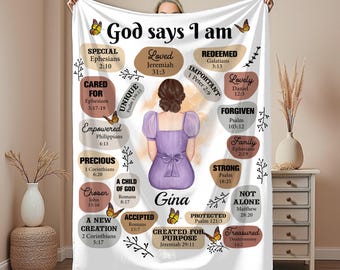 Personalized Christian Blanket for Teen Girl, God Says I Am Bible Verse Throw, Confirmation Gift, Faith Keepsake Daughter Teenage Birthday