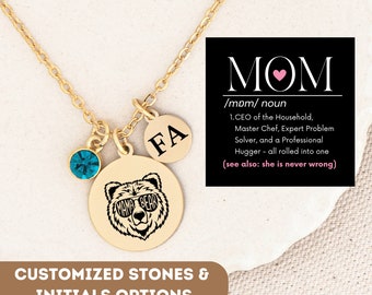 Mom Noun Definition Birthstone Necklace, Mama Bear Jewelry for Grandma, Mother Daughter Bear Pendant, Mother's Day Gift Necklace for Mom