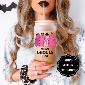 Aesthetic Mean Ghouls Era Frosted 16 oz Glass Cup Can Tumbler with Bamboo Lid & Straw I Spooky Season Pink Ghosts Halloween Tumbler