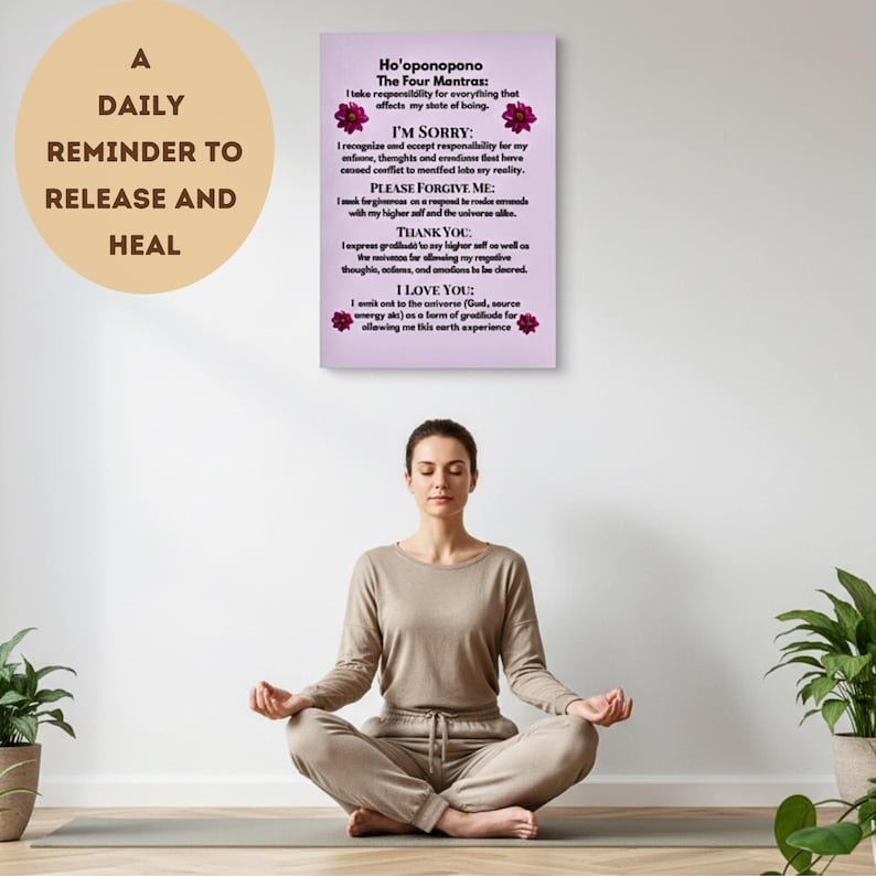 Op de afbeelding: Een vrouw mediteert in lotushouding voor een muur met een canvas print. De print toont de Ho'oponopono Four Mantras. Een cirkelvormige afbeelding links leest "Een dagelijkse herinnering om los te laten en te genezen."